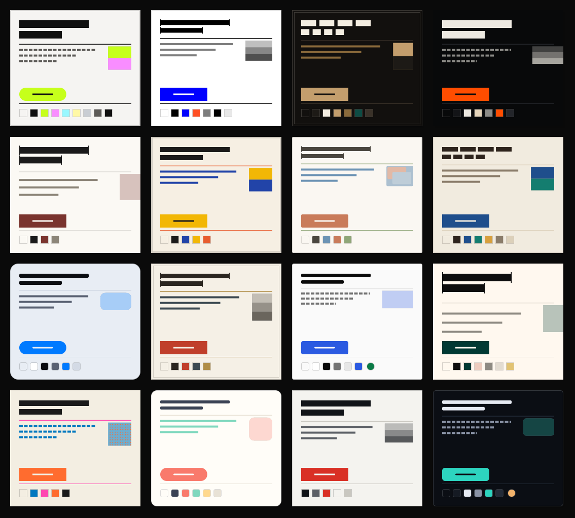 Sixteen built-in design styles rendered as miniature interface cards